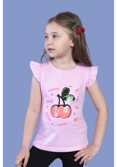 Toontoy Kids Toontoy Kız Çocuk Çevirmeli Pullu Kiraz Baskılı Tişört Pembe