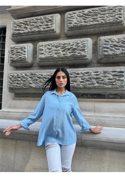 WeShaya Bebe Mavi %100 Pamuk Kırışık Oversize Gömlek Bebe Mavi