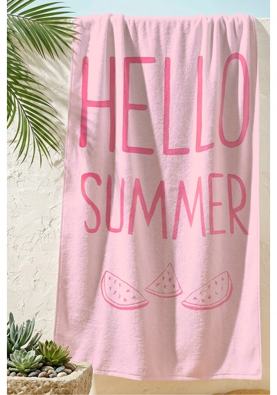 Hello Summer Yazılı Karpuz Temalı Pembe Plaj Havlusu - Tropikal Modern Pastel Banyo Sahil Örtüsü Çok Renkli