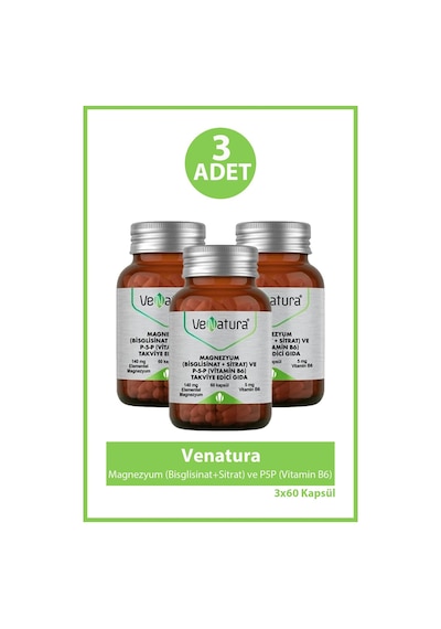 Venatura Magnezyum Bisglisinat+sitrat Ve P5p Vitamin B6 60 Kapsül 3 Adet