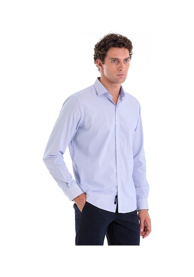 Hatemoğlu Mavi Comfort Fit Çizgili 100% Pamuk Slim Yaka Uzun Kollu Casual Mavi
