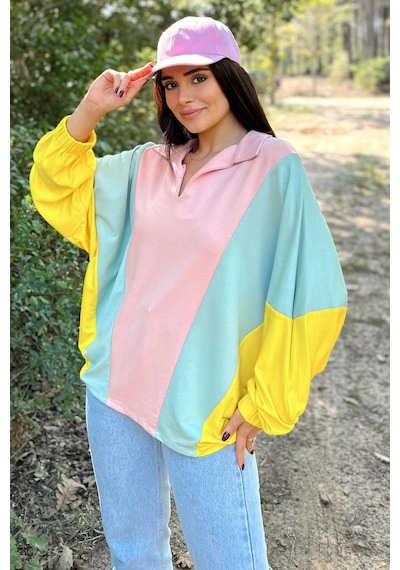 Kadın Pembe Polo Yaka, Yarasa Kol, Lastikli Manşet, Asimetrik Color Block, Salaş Sweatshirt Bluz Pembe