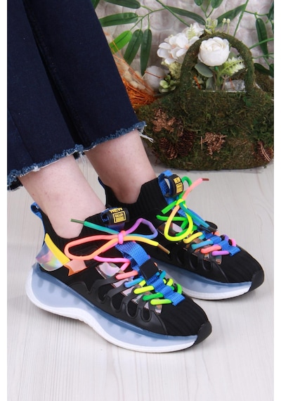 Guja Karsu Rahat Esnek Özel Tasarım Renkli Bağcuklı Sneaker Kadın Ayakkabı Siyah
