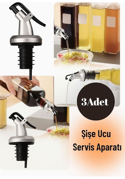 3'lü Şişe Ucu Servis Aparatı Seti Yağlık Ve Sosluk Akıtıcı Kapak Siyah Diğer