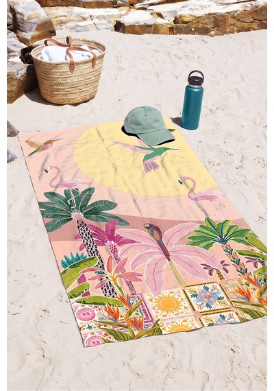 Tropikal Flamingo Palmiye Plaj Havlusu - Bohem Pastel Egzotik Kuşlu Hızlı Kuruyan Mikrofiber Havlu Sedef Dalgası