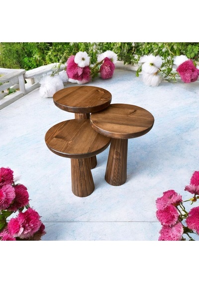 Simillo Wood Wooden Ahşap 3 Lü Set Fitilli Mantar Yan Sehpa Modern Ceviz Renk Fisko Kod:15948405111 Ceviz