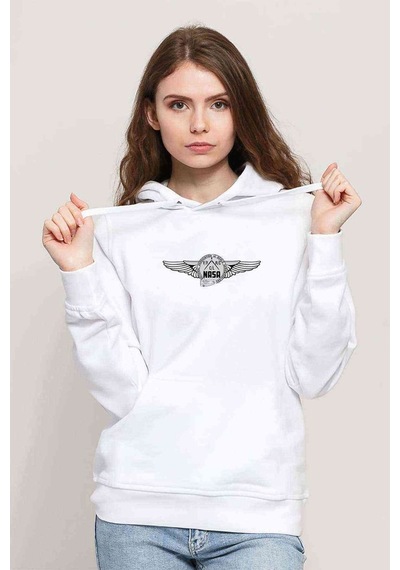Nasa Logo Baskılı Beyaz Kadın Kapşonlu Sweatshirt