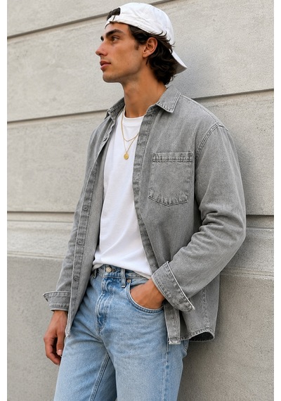 Cool Tarz Erkek Regular Denim Gömlek Yıkamalı Kot Uzun Kollu Cepli Jean Gömlek Gri Gri