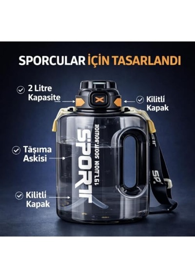 2lt Su Matarası Su Şişesi Pipetli Sızdırmaz Bpa Içermez Emniyet Kilitli Suluk Sporcu Motivasyon Su Matarası