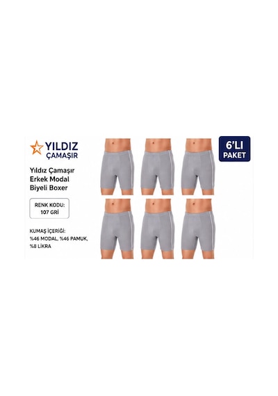 Yıldız Çamaşır Erkek Modal Biyeli Boxer 105-106-107-108-109 - 6 Adet Gri