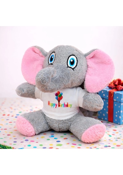 Happy Birthday Tişörtlü Sevimli Peluş Fil Gri