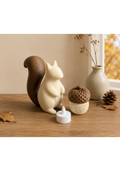 Sincap Ve Meşe Palamudu Biblo / Masaüstü, Raf Dekoru / Mini Sonbahar Kış Temalı Tealight Mumlu Set / 10x7 Cm Mum Dahil. Ten, Kahverengi