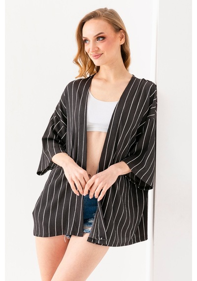 Giysa Kadın Yarım Kol Çizgili Bürümcük Kimono Antrasit - 254406 Antrasit