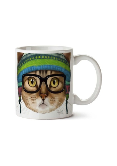 Hipster Kedi Gözlük Bere İki Tarafı Baskılı Kupa Bardak Çok Renkli