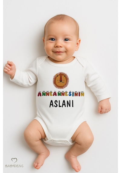 Babyden's Anneannesinin Aslanı Yazılı,uzun Kollu Bebek Body Aslan Baskılı, %100 Pamuk,çıtçıtlı Zıbın Beyaz