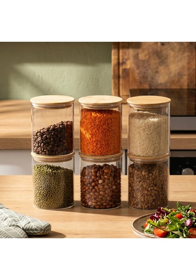 1-3 Bambu Vakumlu Kapaklı Yuvarlak Borosilikat Cam 6lı Kavanoz Seti Saklama Kabı 750ml 10x12cm Çok Renkli