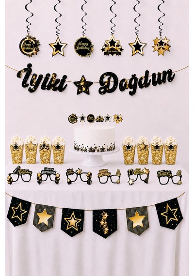 Siyah Gold Yıldız Temalı Doğum Günü Parti Seti İyi Ki Doğdun Banner, Tavan Süsü, Pasta Süsü, Gözlük Ve Mısır Kutusu Altın