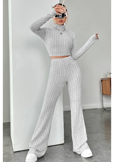 Veraura Lifestyle Kadın Gri Çizgili Boğazlı Crop Top Ve Yüksek Bel Pantolon Takım