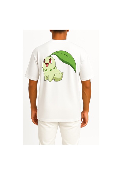 Bahriyeli Collection Oversize Chikorita Cep Ve Sırt Tasarımlı Unisex T-shirt Beyaz