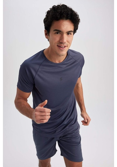 Defacto DeFactoFit Slim Fit Yaka Baskılı Sporcu Kısa Kollu Tişört V2887AZ23SPIN234 İndigo