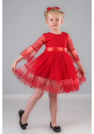 Mnk Baby & Kids Dream Luxury Dantel Kız Çocuk Elbise Mnk0327 Kırmızı