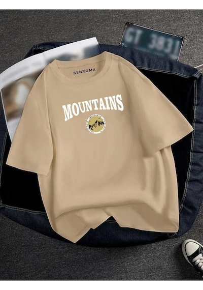 Oversıze Mountaıns Baskılı Unısex Tisort Baskılı Bej