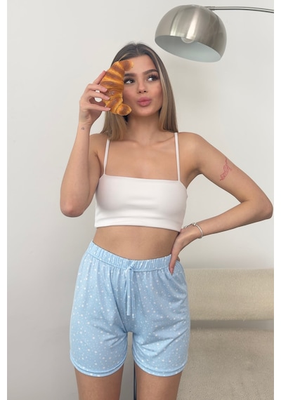 Giysa Kadın Beli Lastikli Yıldız Desenli Pijama Altı Şort Mavi - 26y 2602