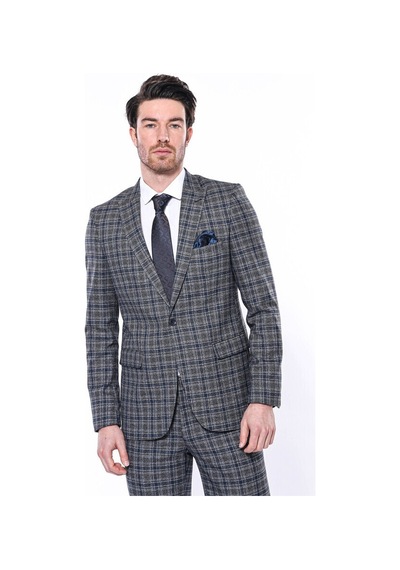 Wessi Ekose Slim Fit Lacivert Erkek Ceket 001