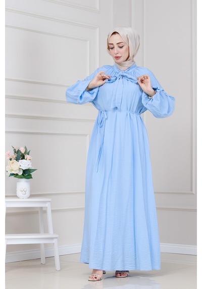 Sevitli Yakası Bağcıklı Lara Elbise-bebe Mavi-5326 Bebe Mavi