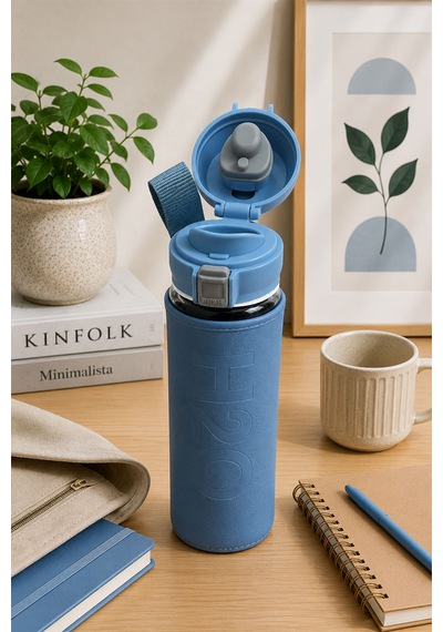 H2o Pastel Renk Kılıflı Kilit Kapaklı 500 Ml Cam Matara Sızdırmaz Ofis Ve Spor İçin Koruyucu Kılıflı Cam Suluk Mavi