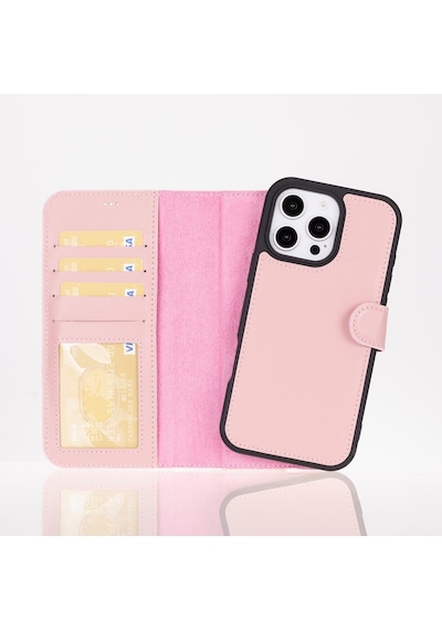 Apple Uyumlu iPhone 16 Pro , Hakiki Deri, El Yapımı, Cüzdanlı Kılıf, Toz Pembe Siyah