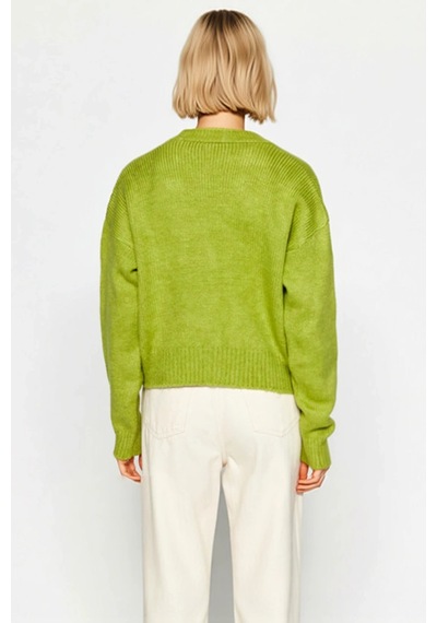 Benerly Kadın Oversize Crop V Yaka Düşük Kol Nakışlı Triko Hırka Portakal Yeşil