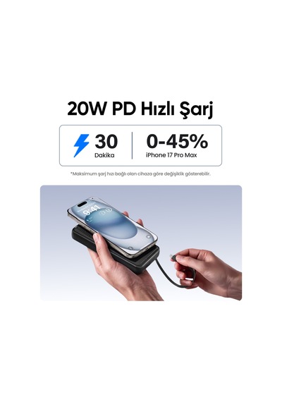 Juo 20000mah 22.5w Led Ekranlı Lightning Ve Type-c Kablolu Powerbank Taşınabilir Hızlı Şarj Cihazı Siyah