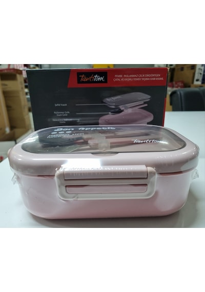 Tantitoni Pembe Paslanmaz Çelik Dikdörtgen Çatal Ve Kaşıklı Yemek Taşıma Kabı 850ml Pembe
