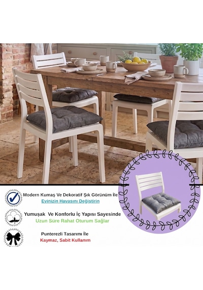 3'lü Set 40x40 Cm Antrasit Modern Sandalye Minderi - Konforlu Bahçe, Mutfak Ve Yemek Masası Sandalye Minderi Bağcıksız Sade Tasarım Antrasit - Gri