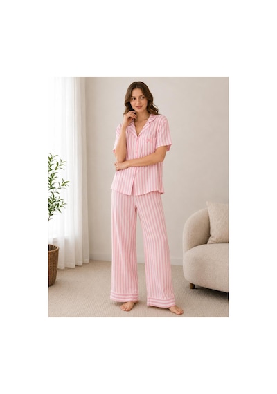 Pijamask Kadın Kısa Kollu Pamuklu Pijama Takım Çpembe