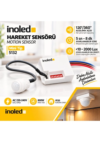İnoled 5132 Mini Ir Hareket Sensörü 360 120 Ayarlanabilir 5sn-8dk Ayarlanabilir 3-6m Algılama 220-240v 800w