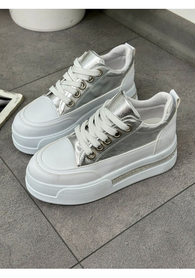Erva'nın Butiği Gümüş Beyaz Miles Taş Detay Yüksek Taban Bağcıklı Sneakers-5635