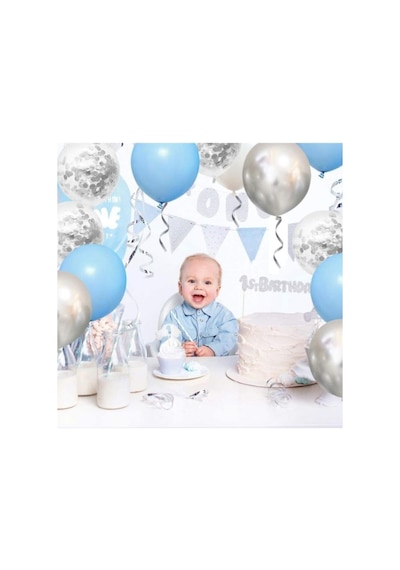 Beysüs 15'li Gümüş Konfetili 5 Şeffaf Balon 5 Makaron Mavi 5 Metalik Gri Balon Seti Standart