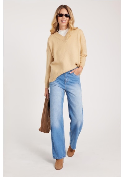 Tudors Kadın Regular Fit Klasik Kesim Pamuklu Bol Paça Mavi Jean Pantolon-39521 Mavi