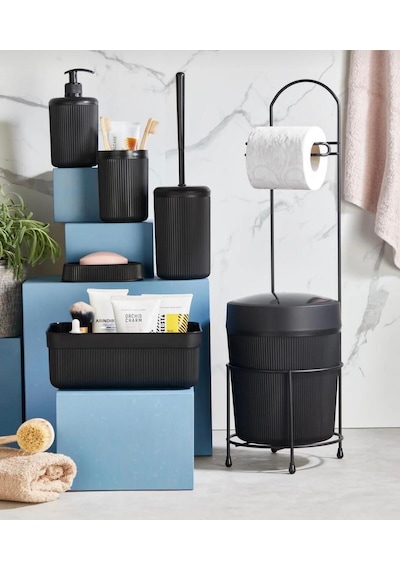 7 Parça Banyo Seti Çöp Kovalı Tuvalet Kağıtlığı Ve Fırçası - Kozmetik Kutusu - Diş Fırçalık - Katı Ve Sıvı Sabunluklar Siyah