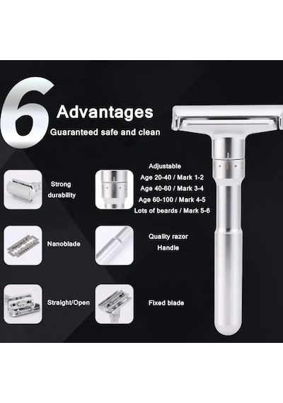 Valkyrie Metal Ayarlanabilir Manuel Geleneksel Tıraş Aleti Makinası 5 Jilet 6 Kademe Gümüş