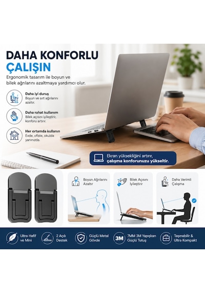 Polham Metal 2 Adet 7mm 3m Yapışkanlı Katlanabilir Ultra Mini Laptop Standı,2 Açılı Laptop Yükseltici Siyah