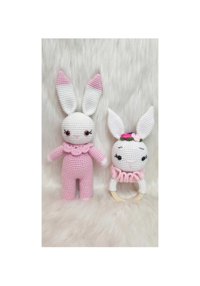 Amigurumi Organik Örgü Oyuncak Çıngırak Ve Tavşan Set Pembe