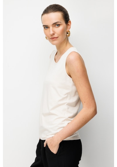 Kadın Sıfır Yaka Flamlı Kumaş Basic Askılı Tshirt Bej Bej