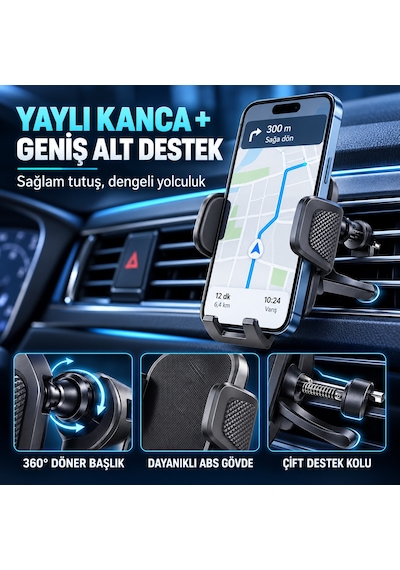 Dexxony Hp-a08 Kancalı Havalandırma Izgara Araç İçi Telefon Tutucu 360 Döner Otomatik Sıkıştırmalı Siyah
