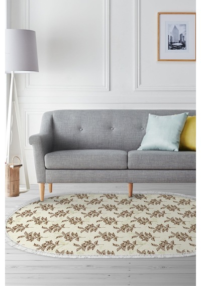 Alanur Home Kaymaz Dijital Mutfak & Salon Halı Star Pamuk Saçaklı Oval Vintage Al5011 Bej
