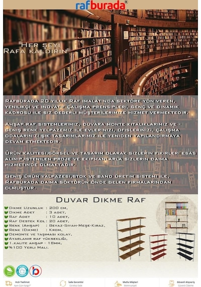 Rafburada Rafburada® 5 Katlı Duble Kitaplık. Ahşap Duvar Rafı. Dekoratif Ra
