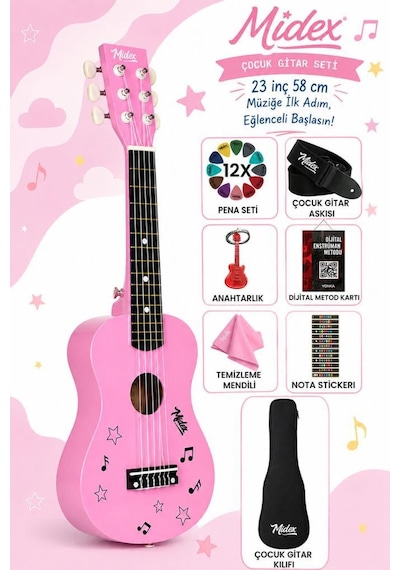 Midex Cg-230pk Çocuk Klasik Gitar Seti 3-8 Yaş 23 İnç 58 Cm Pembe Çocuk Gitarı Seti
