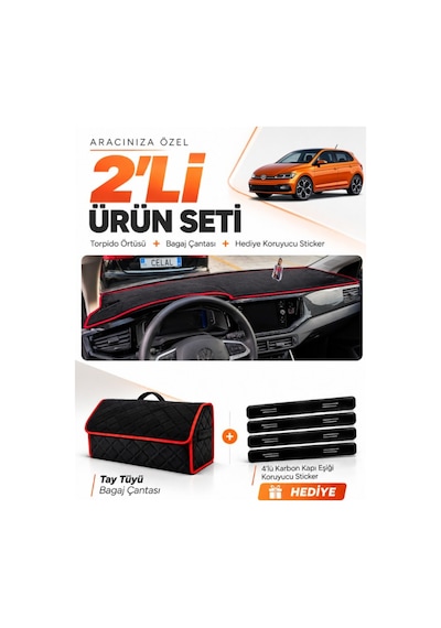 Volkswagen Polo 2022-2025 Uyumlu Torpido Örtüsü + Tay Tüyü Bagaj Çantası + Sticker - Siyah Kırmızı